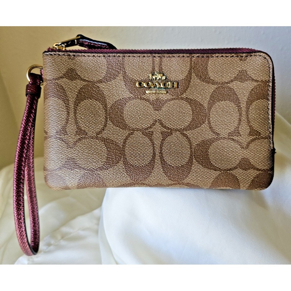 Coach Signature Double Zip Wristlet – Brown‎ Canvas & Maroon Leather, Gold Logo,